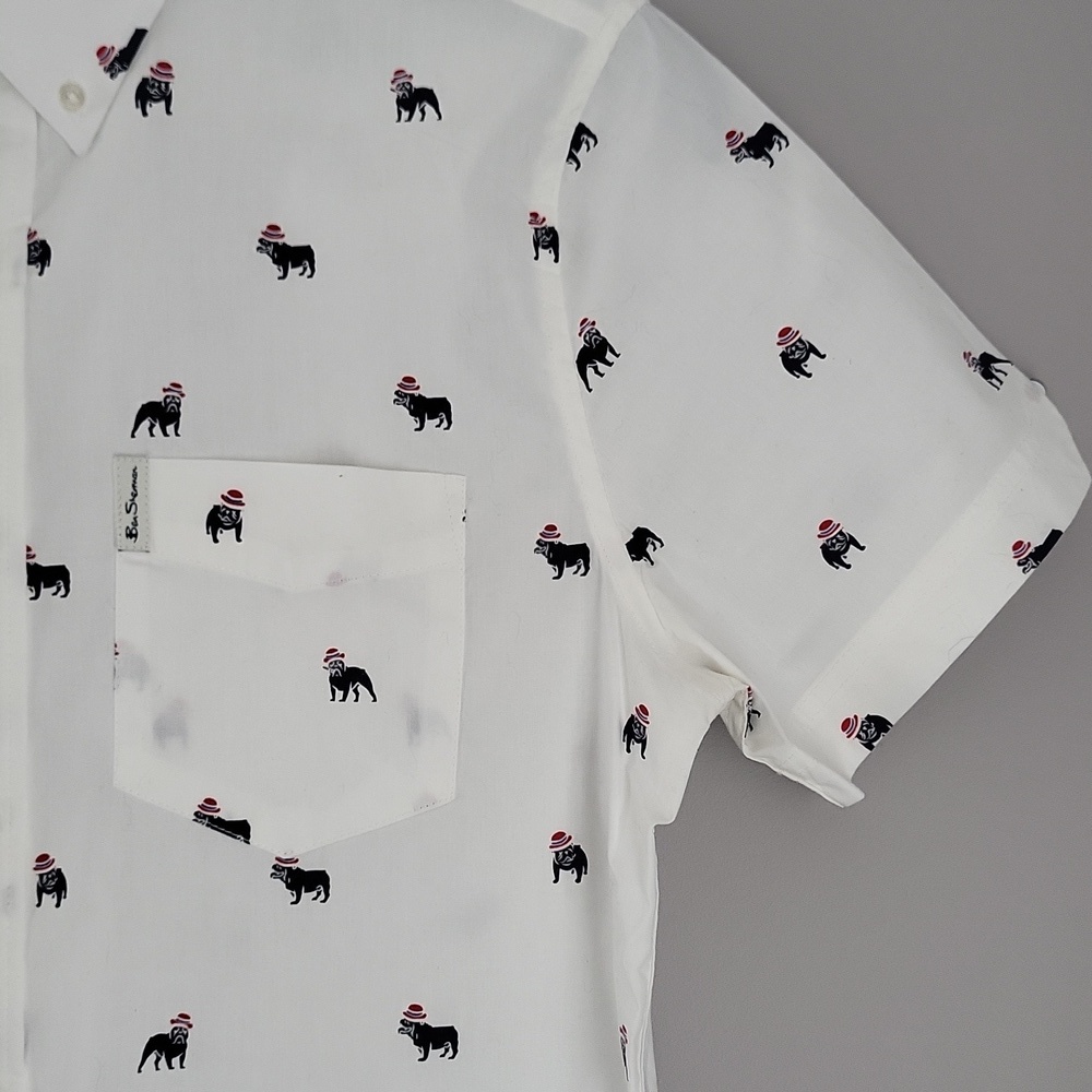 Ben Sherman British Bulldog Print Short Sleeve Button Down Shirt - White - Sz S